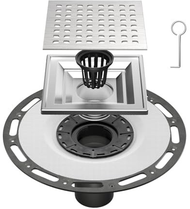 Fibetter Square Shower Drain 6 Inch with PVC Bonding Flange Base, 304 Stainless Steel Drains Grate Removable with Stainless Drain Key for Low Profile Shower Tiles CUPC Certified, Brushed