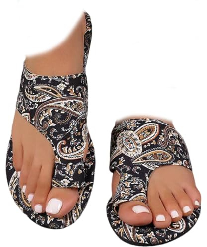 Nbzsmlkn Leichte, orthopädische, flache Sandalen für Damen, bequeme Strandsandale mit Fußgewölbeunterstützung und Zehenring (Schwarz,39)