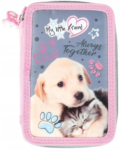 St. Right Federmäppchen 3-Fach mit Zubehör | 43-teilig | XXL Federtasche für Mädchen | My Little Friend Design – Hund & Katze – Always Together