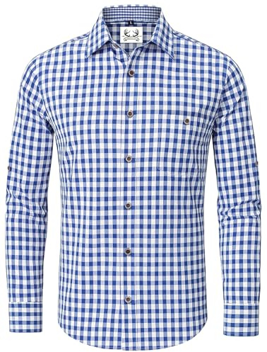 AMZHOTER Trachtenhemd Herren Oktoberfest Hemd Kariertes Hemd Outfit Langarm Trachten Hemden Tracht Blau Trachtenhemden Kurzarm Karohemd Freizeithemd Baumwolle 4XL