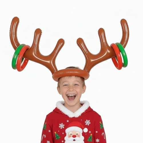 Aufblasbare Ringwurfspiel Set, Aufblasbares Rentiergeweih-Spiel, Aufblasbarer Rentier-Geweihhut mit Ringen, Ringwurfspiel Kinder Outdoor, Familien-Weihnachtsparty-Spiele für Kinder und Erwachsene