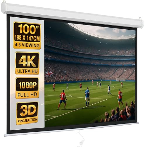 100 inch Pull Down Projector Screen 4:3 Retractable, Auto-Locking - Wall or Ceiling Mount, Large White Projection Screens 4K/1080P/3D/HD Ready For Home Cinema, Office, or School (198x147cm / 78”x 58”)