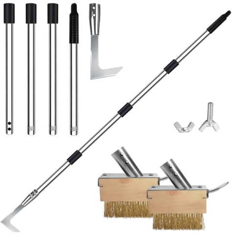 Brosse à Mauvaises Herbes et Couteau Désherbeur avec Manche Télescopique(160cm), Lot de 2 Désherbeur Manuel pour Mauvaises Herbes avec Crochet pour Éliminer la Mousse et Les Mauvaises Herbes (Argent)