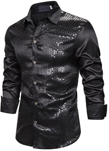 Glitzer Hemd Herren Pailletten Hemd Disco Outfit Langarm Metallic Glitzerhemd Männer Slim Fit Goldenes Pailettenhemd 60er 70er Jahre Glitzer Shirt Oberteile Karneval Party Silvester Hemden