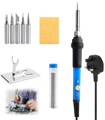 9Pcs 60W Soldering Iron Kit Adjustable Temperature Gun UK Plug Welding | 200-450 degree range, 5 solder tips included, solder wire stand, electronics repair tool, projects suitable