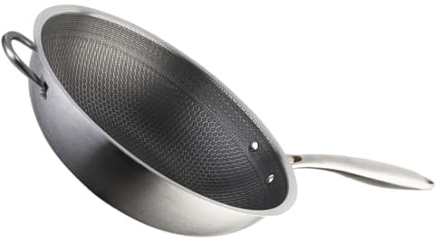 CALLARON Wok a Nido D’ape in Acciaio Inox 32 Cm, Padella Antiaderente Resistente ai Graffi Doppio Manico in Acciaio, Adatto per Fornelli a Gas e Induzione, Utensile Versatile per Friggere