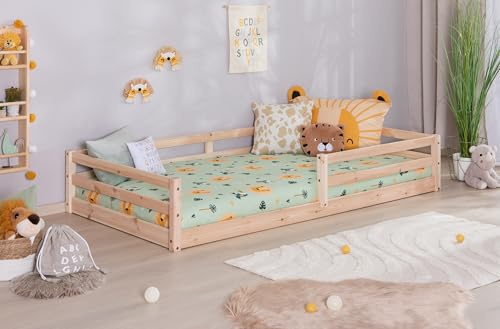 TiCAA Bodenbett, Kinderbett Massivholz – Montessori Bett „Neo“ aus Kiefer mit Lattenrost und Rausfallschutz, Holzbett belastbar bis 150 kg
