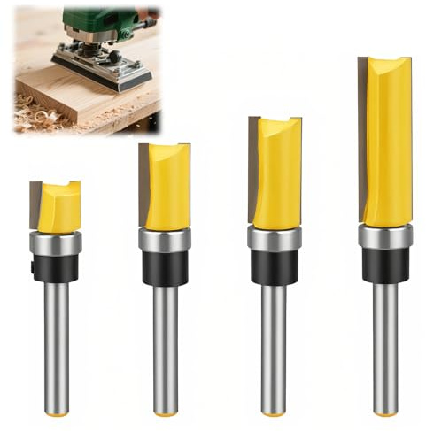 4PCS 1/4 Inch Flush Trim Router Bit Set, Pattern Bits with Bearing | Straight cutters for clean edge trimming, template routing, cabinet making, joinery and detailed woodworking projects