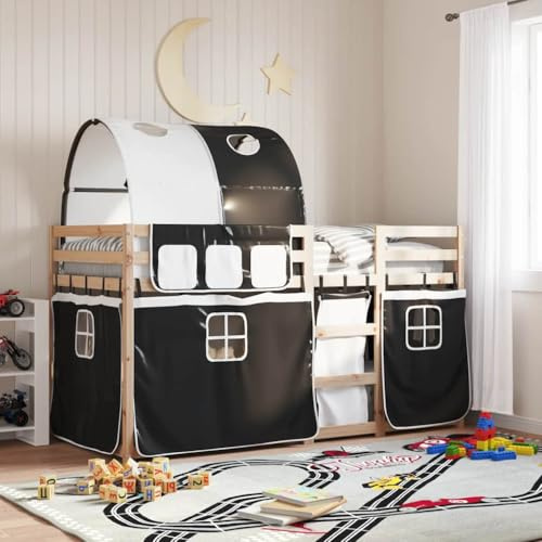 YNGBHFNOP Etagenbett mit Vorhängen Schwarz Weiß 90x200 cm Kiefernholz Massiv Holz Hochbett Absturzsicherung Leiter Kinderbett Schlafzimmer Spielzimmer