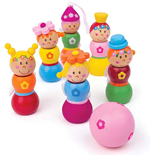 Bigjigs Toys Mini Wooden Fairy Skittles Set with 6 Skittles and 1 Bowling Ball