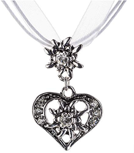 Trachtenkette elegantes Herz mit Strass und Edelweiss Anhänger Trachtenschmuck Kette für Dirndl und Lederhose Damen in vielen Farben (Weiss)