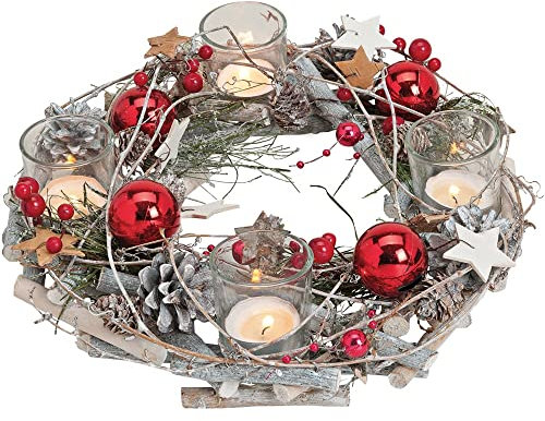 matches21 Adventskranz aus Holz rund 29x8 cm mit Gläsern als Teelichthalter & weihnachtlicher Dekoration in rot