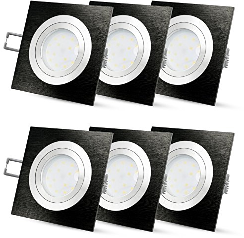 SSC-LUXon 6er Set QF-2 LED Einbauspot flach & eckig in Alu schwarz - mit tauschbarem LED 4W 230V warmweiß - Deckenstrahler Einbau 30mm