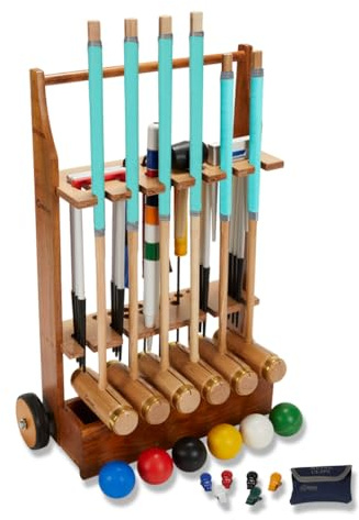 Uber Games Wettkampf-Krocket-Set 6 Personen, 16 mm Stahltore, Trolley | 6 Hartholz-Schläger (97/87 cm), 6 Kompositbälle, 6 Stahltore, 2 Zielpfähle, Rollwagen – für Jugendliche ab 14 und Erwachsene