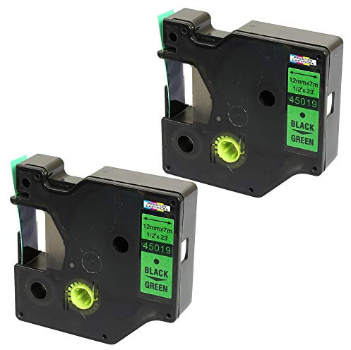 2x Schriftband-Kassetten 45019 S0720590 schwarz auf grün 12mm x 7m kompatibel für LabelManager LM 160 210D 220P 260P 280 360D 420P 450D 500TS PnP MobileLabeler LabelPoint LabelWriter 450 Duo