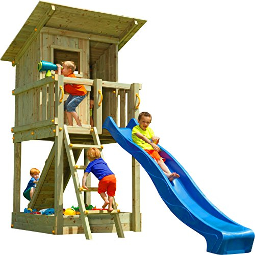 Blue Rabbit Spielturm Beach Hut mit Rutsche + Rampe mit Seil Kletterturm Holzturm Stelzenhaus mit Wasserrutsche, Fernrohr und Kletterrampe mit Seil (Podesthöhe 1,20 m, Blau)