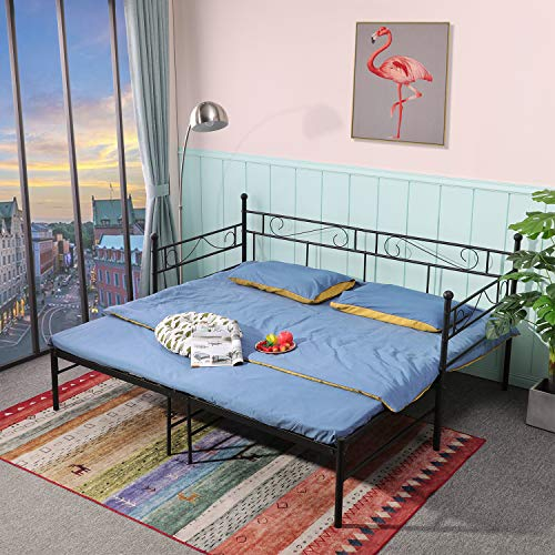 EGGREE Metall Ausziehsofa Tagesbett Sofabett Ausziehbett,Bettgestell,Schlafsofa mit Einzelbett,Schwarz