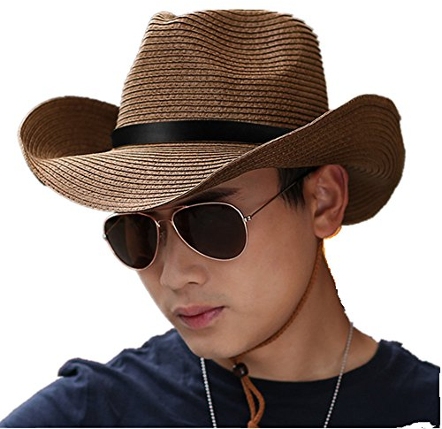 Homme Chapeau de Cowboy Paille Large Bord Panama Pliable Chapeau de Plage Soleil UPF50+ Visière Protection Solaire Hat Fedora Trilby avec Sangle Menton pour Printemps Eté - Brun