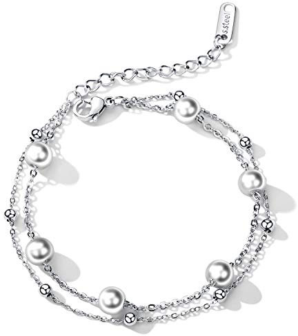 Cupimatch Damen Armband Elegant Armreifen mit Perlen Verstellbar Doppelte Kugel-Ketten Edelstahl Armkettchen, Silber