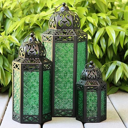 Juego de 3 farolillos de Vela marroquíes Decorativos para Suelo, Decoraciones de Ramadán, decoración Interior del hogar, Patio o Porche al Aire Libre, Halloween, Bodas, Verde