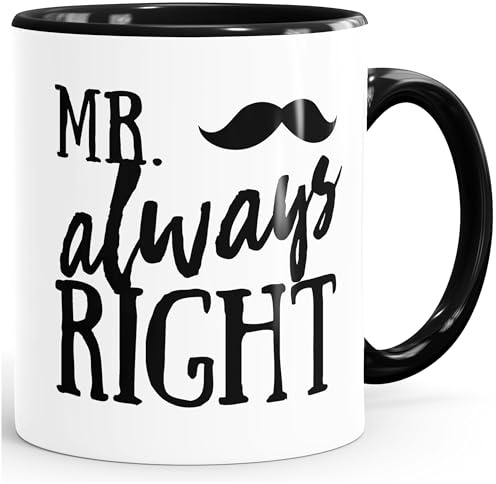 MoonWorks® Kaffee-Tasse mit Aufdruck Mr. always Right Schnauzer Schnauzbart Geschenk Partner Ehemann lustige Kaffeebecher Inner-schwarz unisize