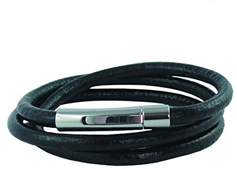 König Design Lederkette Lederhalsband Lederarmband Glatt 5 mm Herren Halskette Schwarz 55 cm lang mit Hebeldruck Verschluss Silber Rund