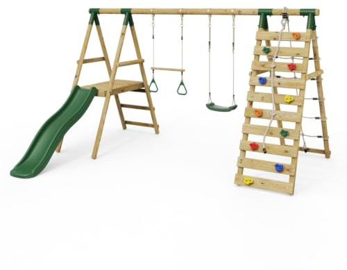 Rebo Wooden Swing Set with Deck and Slide plus Up and Over Climbing Wall (Jasper Green)