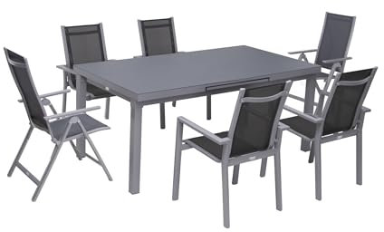 OUTFLEXX Sitzgruppe, Silber/grau, Alu/Textilene, Ausziehtisch 180/240x100cm, 4 Stapel-, 2 Multipositionssessel