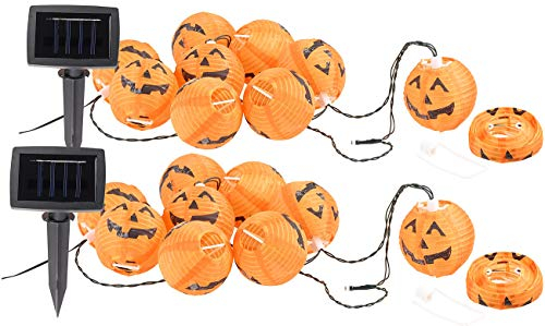 Lunartec Garten-Lichterkette LED: 2er-Set Solar-Lichterketten mit 10 LED-Lampions, Halloween-Kürbis-Look (Halloween Deko Lichterkette, Halloween Lichterkette außen, Lichtschlauch)
