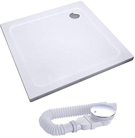 IMPTS Duschwanne Duschtasse komplett set,100 x 100 x 5.5 quadrat extra flach Eckig Acryl Weiß Dusche Acrylwanne für Duschabtrennung Duschkabine, inkl. Ablaufgarnitur
