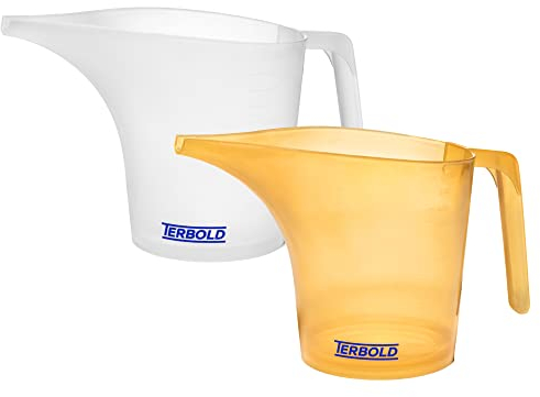 Terbold Funnel Pitcher 1 Liter (Set of 2) | Plastic Measuring Pitchers with Funnel Spouts in Clear and Yellow for Garage, Gardening and Batter Dispenser Use 1000mL