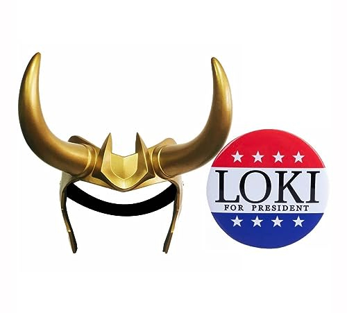 Loki Helm-Hörner Cosplay, 2021 TV Loki Serie Film Thor Ragnarok Loki Krone Maske Cosplay Halloween Kostüm Zubehör (Loki's Helm + Abzeichen, Einheitsgröße für Erwachsene & Jugendliche)