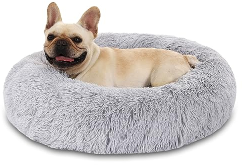 Panier Pour Chien Donut Câlin Peluche Moelleuse en Fausse Fourrure Coussin Lit Pour Chien et Chat, Réchauffant Confortable Doux Lit pour Animal avec Fond Antidérapant et Résistant à L'eau Ø60cm