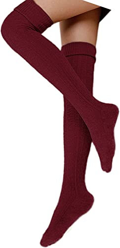 Damen Overknee Socken Lange Strümpfe Strick Baumwolle Dicke Warme Überknie Kniestrümpfe Weihnachtssocken für Damen und Mädchen (Rot)