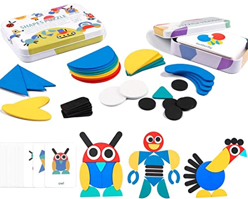 EACHHAHA Holzpuzzles ab 3 Jahr, Montessori Spielzeug für Kinder ab 3 Jahren, Geometrische Formen Lernspielzeug mit 60 Designkarten und 36 Puzzleteile, Geschenke für Jungen und Mädchen