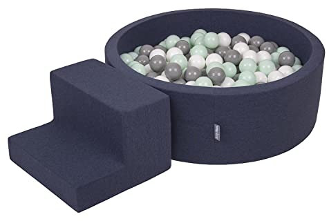 KiddyMoon Spielplatz Aus Schaumstoff Mit Rund Bällebad (200 Bälle) Ballgruben Für Babys Spielbad Hindernisläufen, Hergestellt In Der EU, Dunkelblau:Weiß/Grau/Minze