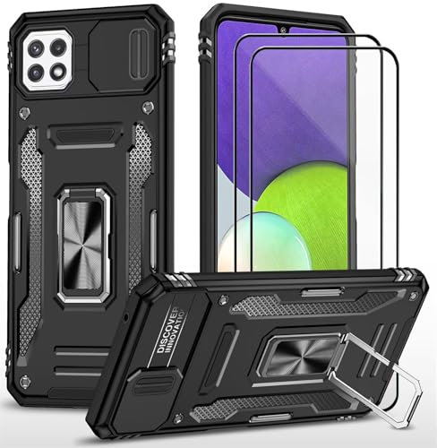 CLYDITE para Funda Samsung A22 5G Carcasa Silicona Negro con Cristal Templado [2 Piezas] Cubierta de cámara Deslizante TPU 360 Grados Anillo Giratorio Soporte Coche