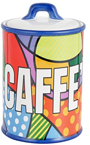 Baroni Home Barattolo Da Cucina Ceramica Decorata Linea Pop, Barattolo Caffè Chiusura Ermetica, 11x11x17 cm