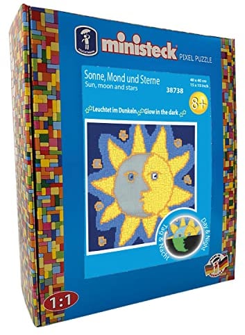 Ministeck 38738 - Mosaikbild Glow in the Dark Sonne, Mond & Sterne, ca. 40 x 40 cm große Steckplatte mit ca. 3.600 bunten Steinen, Steckspaß für Kinder ab 8 Jahren
