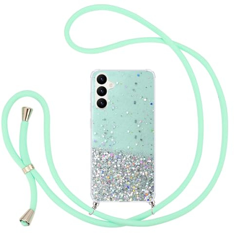Pepmune Handyband Kompatibel mit Samsung Galaxy A14 4G/5G Hülle mit Band Glitzer Transparent Case Silikon Schutzhülle mit Kordel zum Umhängen Mädchen Handyhülle für Samsung A14 Mintgrün