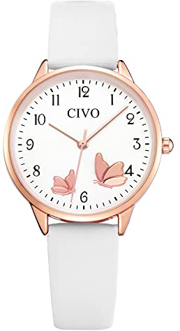 CIVO Damenuhr-Lederarmband Weiß Armbanduhr-Damen Analog-Quarz Elegant - Uhren Damen mit Zahlen Kleid Wasserdicht Mode Geschenke für Frauen