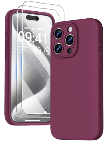 GOODVISH 3 in 1 Silicone Cover per iPhone 15 Pro 6.1 (2023), Custodia con 2 Pellicola Protettiva, Case per Cellulare Ultra Sottile Antiurto Resistente [Protezione Fotocamera], Vino Rosso
