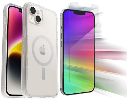 OtterBox iPhone 14 Plus (Only) - Symmetry Series+ Case - Clear - with Zagg Glass Elite Screen Protector - Ultra-Sleek - Snaps to MagSafe - Raised Edges Protect Camera & Screen - Non-Retail Packaging
