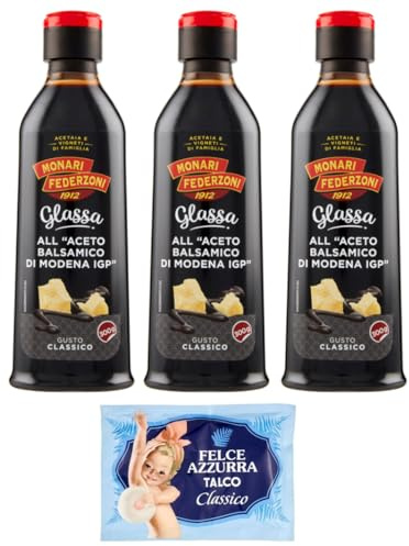 3er-Pack Monari Federzoni Glassa all'Aceto Balsamico di Modena,Glasur Creme mit Balsamico-Essig aus Modena I.G.P.,300g + 1er-Pack Kostenlos Felce Azzurra Talkumpuder, 100g-Beutel