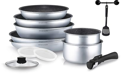 Arthur Martin AM676S Batterie de cuisine 12 pièces aluminium poêle et casserole revethement anti adhérent Poignée amovible Casserole avec bec verseur tous feux dont induction