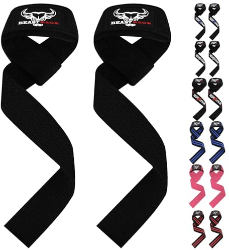 BEAST RAGE Zughilfen für Krafttraining (Fitness Straps) Kreuzheben Gurte Frauen Männer (Gepolstert) Gewichthebergurte Baumwolle Handgelenkstütze Griffe Hantel Bar (Lifting Straps) (jet black)