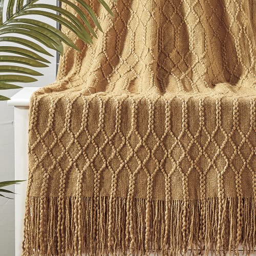 KASYLAN 100% Acrylic Knitted Throw Blanket Textured Solid Soft Decorative Throw for Sofa, Couch, Bed,127x152cm,Almond