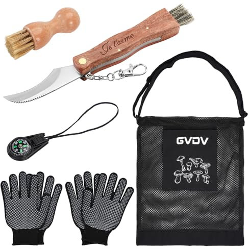 GVDV Couteau à Champignons Gravé Je t'aime avec Sac de Cueillette de Champignons,Brosse, Boussole et 2*Gants, Couteau Mycologique de Poche Pliant, avec Brosse Poil de Sanglier, Homme