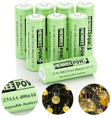 Henreepow 2/3AAA Ni-MH Solar Battery, Ni-MH 2/3AAA 400mAh Rechargeable Battery, 2/3AAA 1.2V Low Self-Discharge Rechargeable Battery 8 Pack for Outdoor Solar Lights (Not AAA Size Batteries)