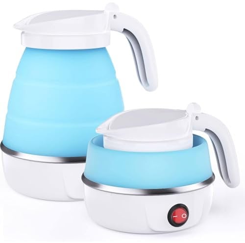 MKAEYYO Travel Kettle - Travel Kettles Electric Small, Portable Collapsible Kettle with Detachable Power Cord for Outdoor Hiking and Camping (Blue)